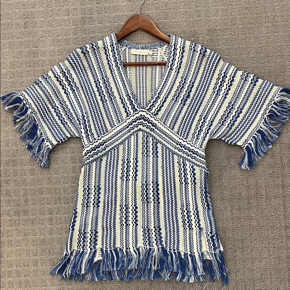 Tory Burch Blue and White Striped Fringe V-Neck Tunic
